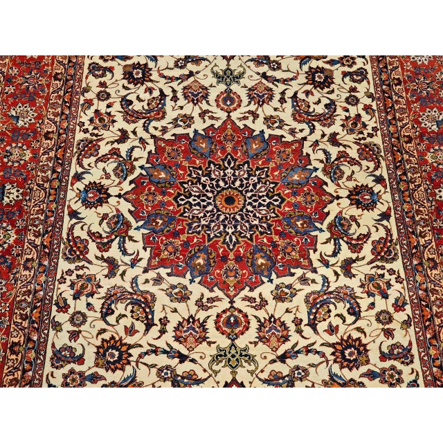Textile Vintage Persian Isfahan Rug, Handwoven Floral Pattern, Ivory & Red, 7’ X 11’ For Sale - Image 7 of 12