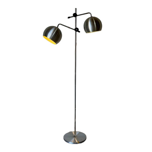 1970s Mid-Century Modern Brushed Steel Dual Globe Floor Lamp For Sale