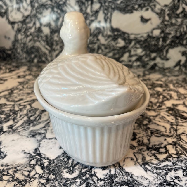 Vintage French country style soup tureen with duck mold ceramic lid and ribbed ceramic basin. Excellent condition.