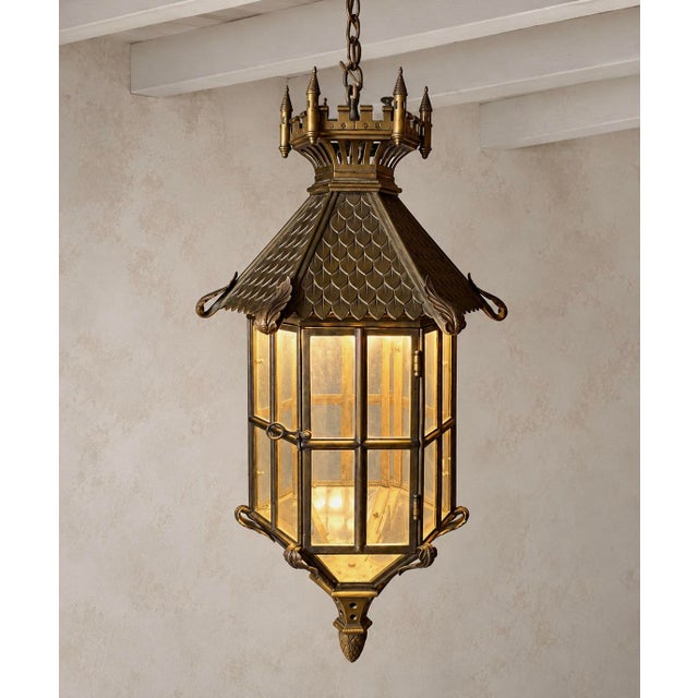 Gothic Revival Bronze Hanging Lantern with Castellated Crown, 1930s For Sale - Image 12 of 12