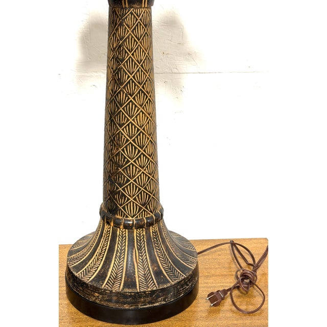 Late 20th Century Pair of British Colonial Style Bronze Palm Tree Lamps with Carved Tribal Motifs For Sale - Image 10 of 12