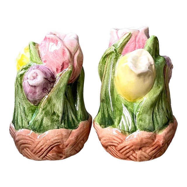 Vintage Glazed Ceramic Tulip Salt and Pepper For Sale