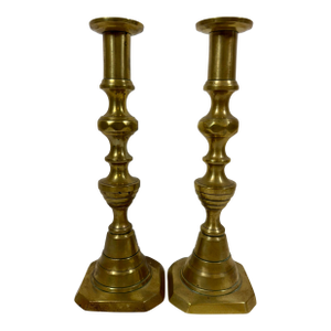 Antique Pair of 19th Century Brass Push-Up Candlesticks From England
