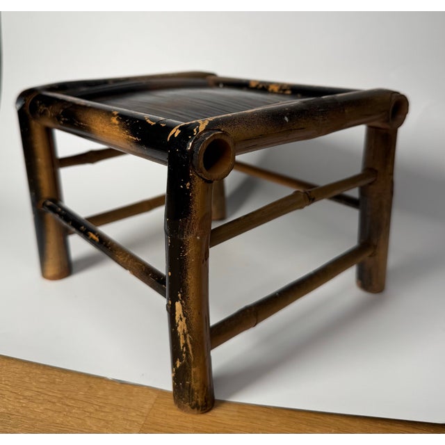 Boho Chic Bamboo Black Painted Distressed Low Riser/Plant Stand For Sale - Image 9 of 10