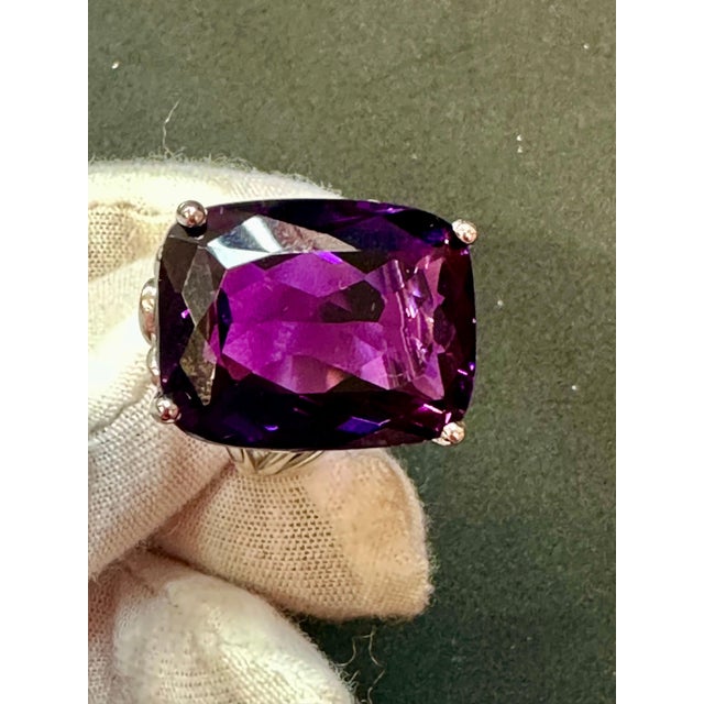 Huge 38 Carat Cushion Cut Natural Amethyst Cocktail Ring in Platinum 23.8 Gm For Sale - Image 13 of 18