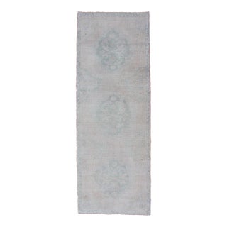 Vintage Hand Knotted Turkish Oushak Runner in Faded Green and Blue in Neutral Background For Sale