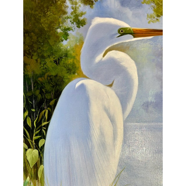 2010s White Egret in Marsh Landscape — Serene Original Oil Painting by P. Charles For Sale - Image 5 of 8