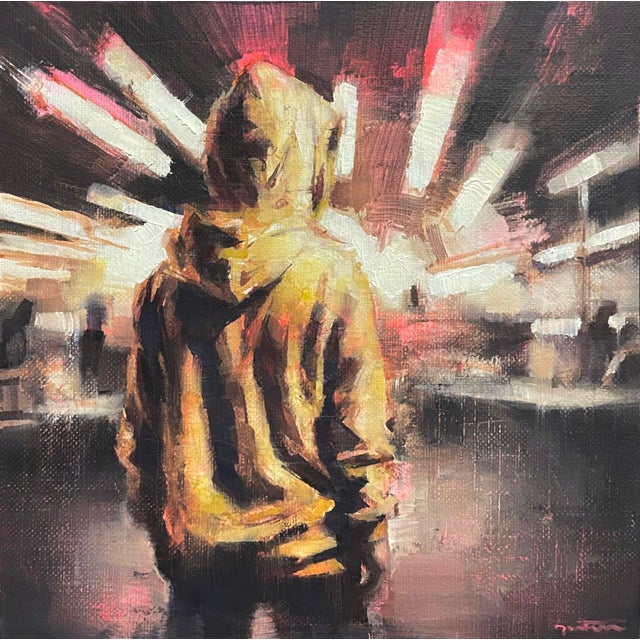 This artwork depicts a solitary figure in a hooded sweatshirt, standing with their back to the viewer, illuminated by...