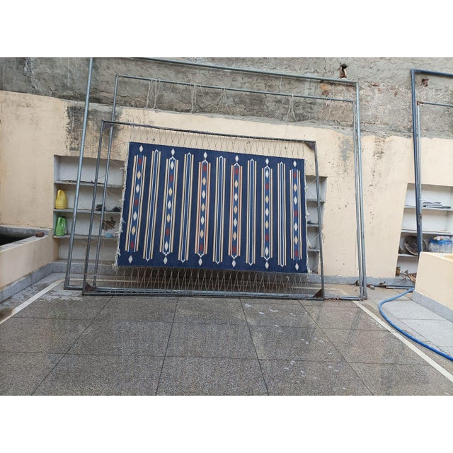 Handmade Cotton Area Rug, Vegetable Dyed, Indigo Blue, Cream and Terracotta Striped Dhurrie -6'x9' For Sale - Image 9 of 13