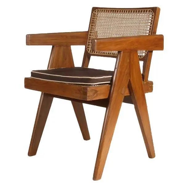 Original teak and cane Pierre Jeanneret office chair from Chandigarh Library in India. The dark brown seat cushion with...