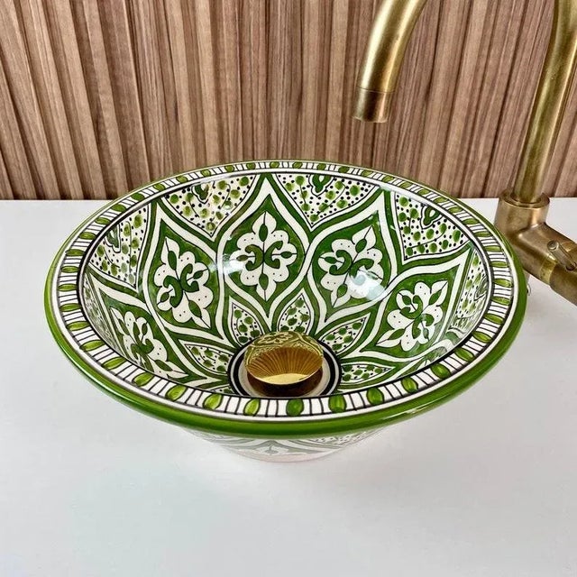 Green Ceramic Countertop Round Handmade Sink for Bathroom For Sale - Image 6 of 8