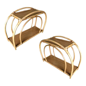 1950s Restored "Double Arch" Rattan Side Table Pair with Two-Tier Mahogany Tops