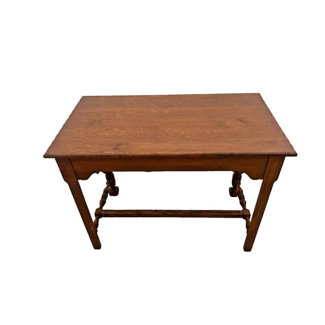 Early 20th Century Victorian Style Desk Two Drawers Quarter Sawed Tiger Oak Petite Size Hand Carved Top For Sale In Palm Springs - Image 6 of 11