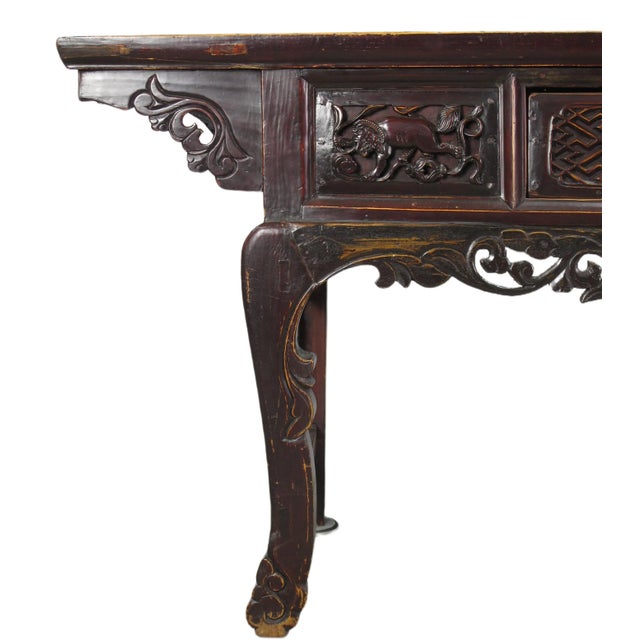 Brown 96” Inch Long Antique Brown Chinese Altar Console Table – 3 Drawers For Sale - Image 8 of 13