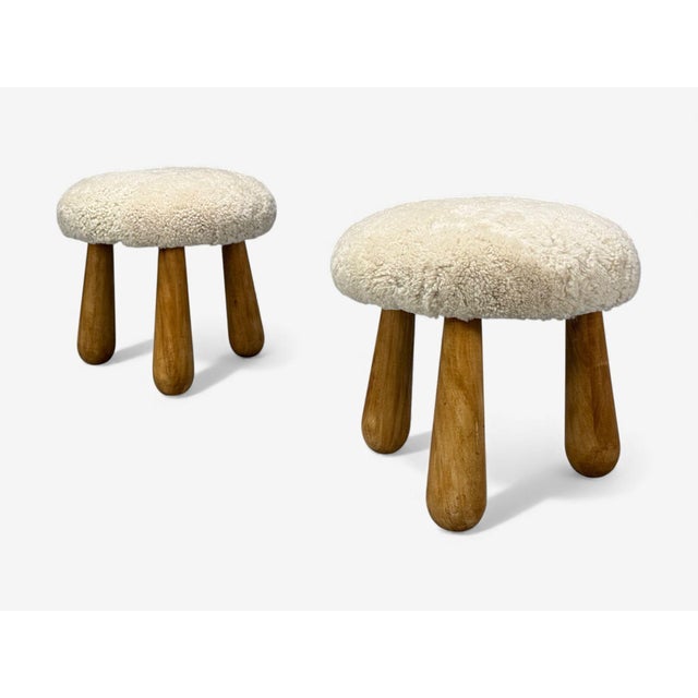 Danish Mid-Century Modern Style, Sheepskin Footstools or Ottomans, Beige Shearling, Maple, USA, 21st c. Pair of Danish...