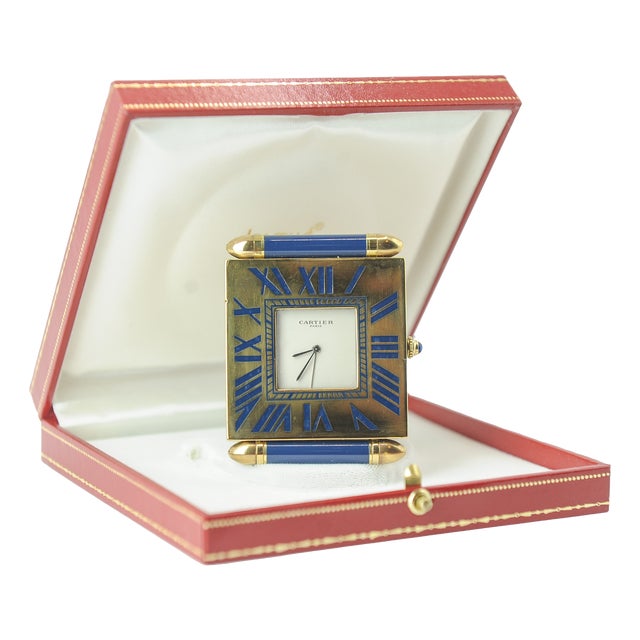 Folding Quartz Movement Alarm Clock in Gilt Metal and Blue Enamel from Cartier, 1980s, Set of 2 For Sale