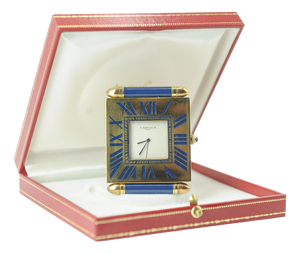 Folding Quartz Movement Alarm Clock in Gilt Metal and Blue Enamel from Cartier, 1980s, Set of 2