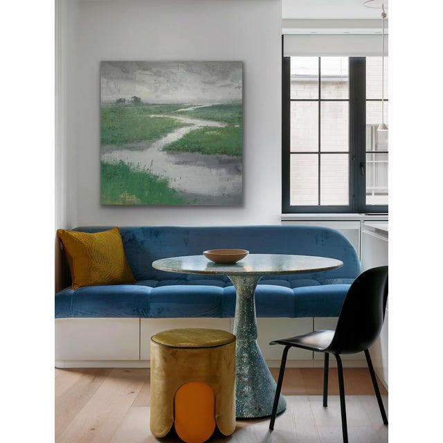 Abstract Moody Coastal Wetland & River Canvas - Original Gray & Sage Acrylic Art For Sale - Image 3 of 10