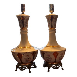 Vintage Porcelain Ceramic Table Lamp – White, Gold Trim & Pink Floral Motif – a Pair For Sale