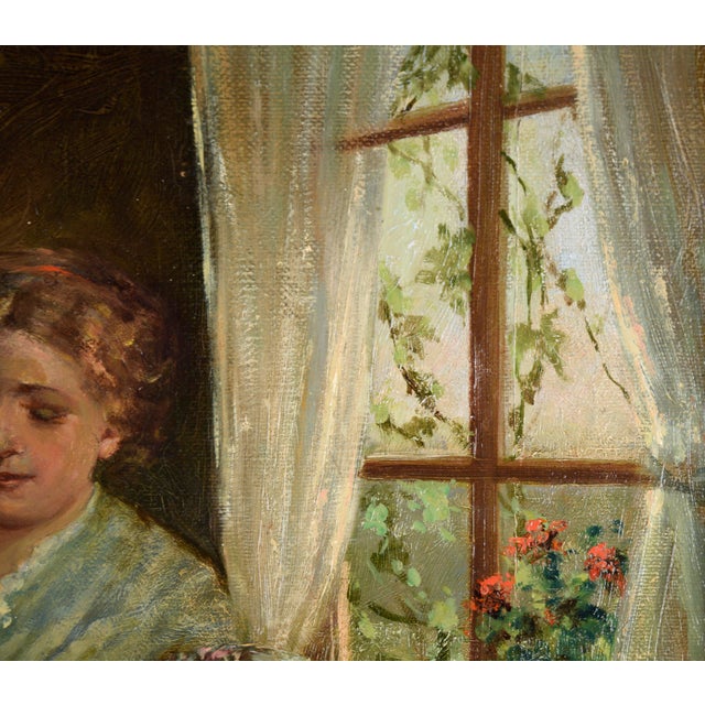 Woman With Two Children in Red - Dutch Style Interior Scene in Oil on Canvas by Joseph Tomanek For Sale - Image 4 of 9