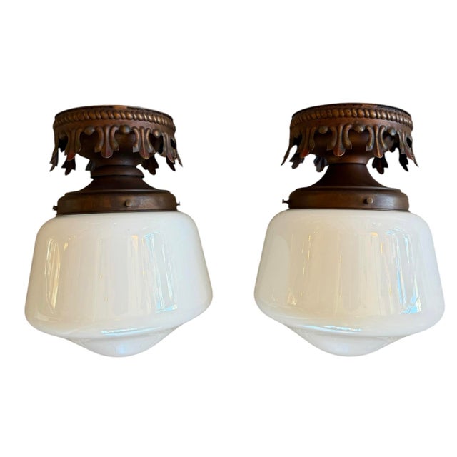 1930s Opaline Art Glass Flushmount Ceiling Lights With Ornate Canopies - a Pair For Sale - Image 4 of 8