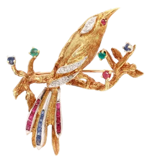 Vintage Cherny 18k Gold, Diamond, Emerald & Ruby Figural Bird Brooch