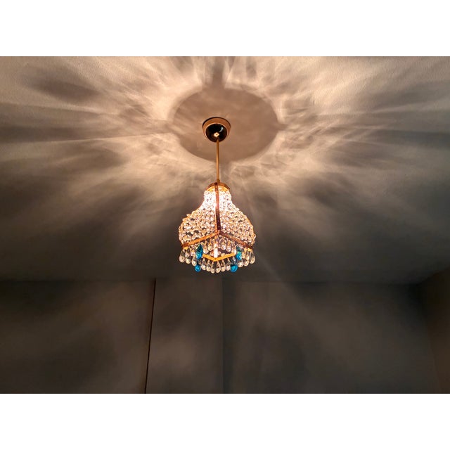 Vintage French Empire Brass & Crystal Pendant Light With Aqua Blue Drops - Restored For Sale - Image 11 of 17