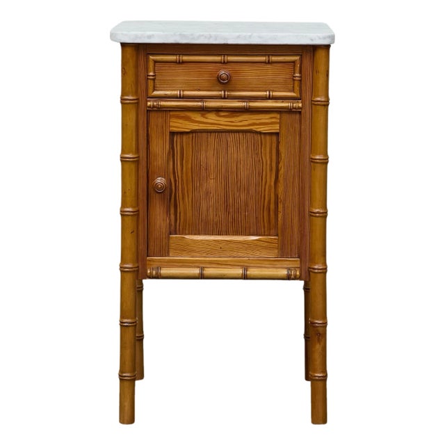 19th Century English Pine Bedside Cabinet with Marble Top and Faux Bamboo Frame For Sale