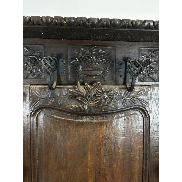 2000 - 2009 Carved Oak Entryway Coat Rack with Wrought Iron Hooks For Sale - Image 5 of 6