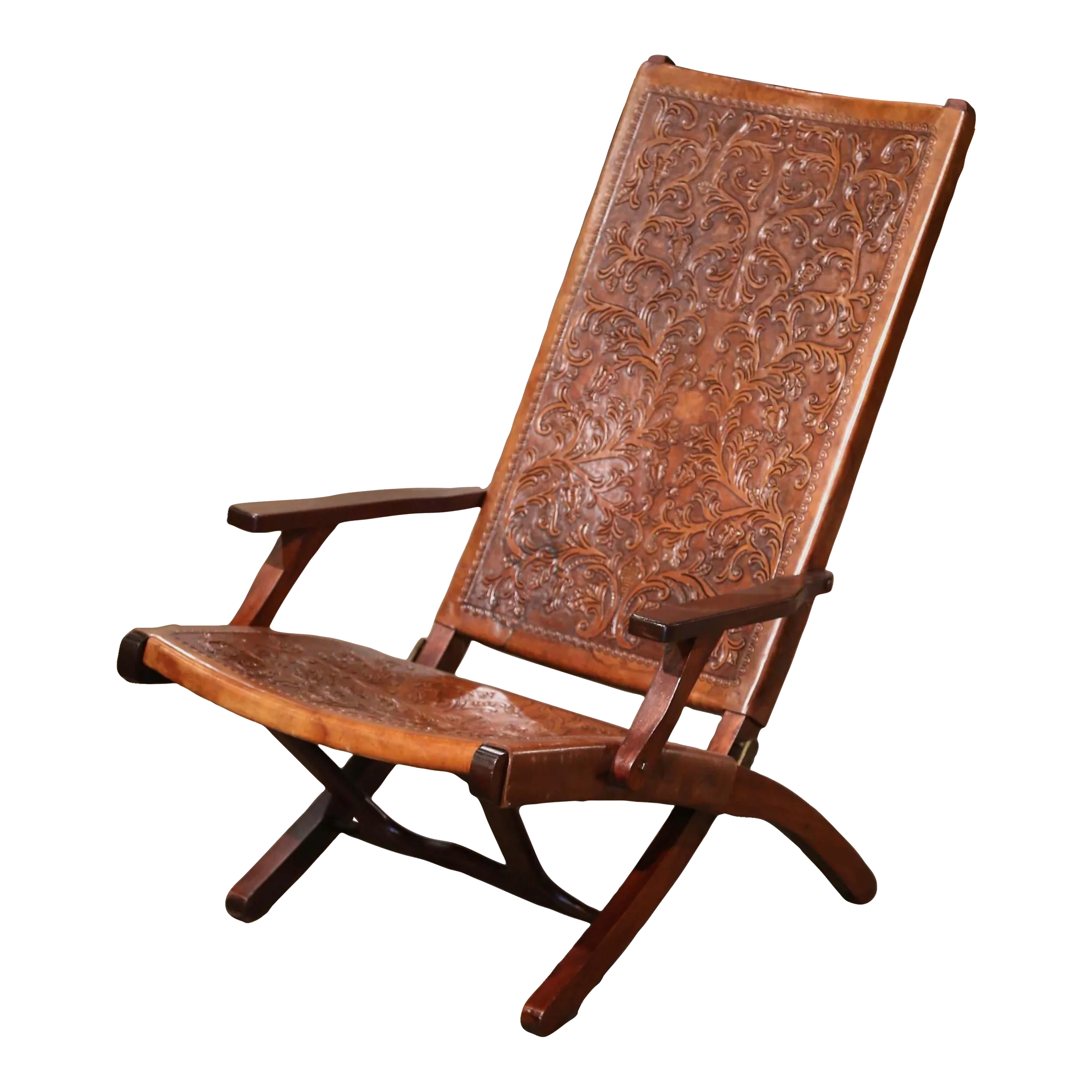 Mid-Century Spanish Carved Walnut Folding Chair With Original