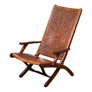 Mid-Century Spanish Carved Walnut Folding Chair With Original Embossed Leather For Sale