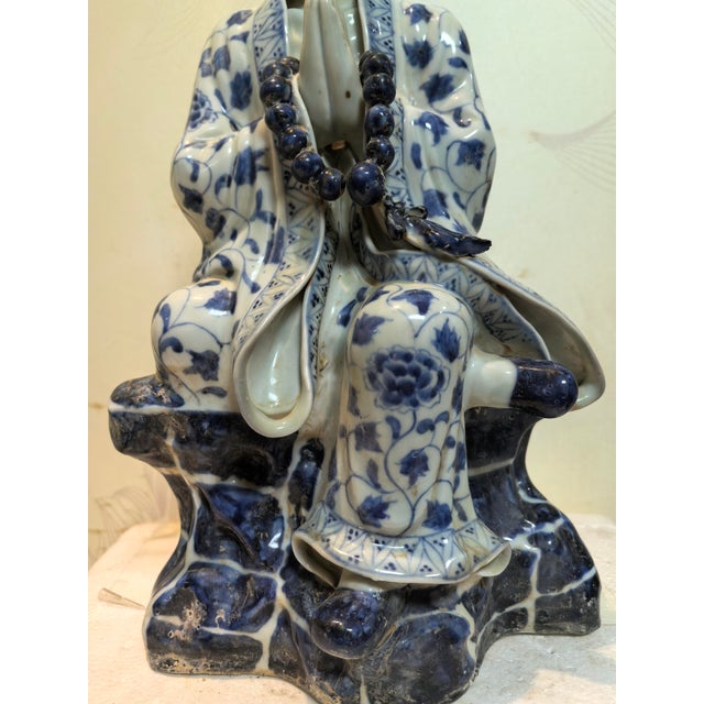 Chinese Vintage Ceramic Buddhist Sculpture,Hand Carved Blue and White Porcelain the Eighteen Arhats Statue For Sale - Image 4 of 8