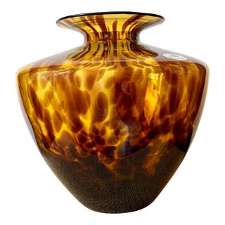 Vintage Italian Amber Tortoiseshell Art Glass Vase Large Murano Style Azzurra Maestri Vetrai For Sale