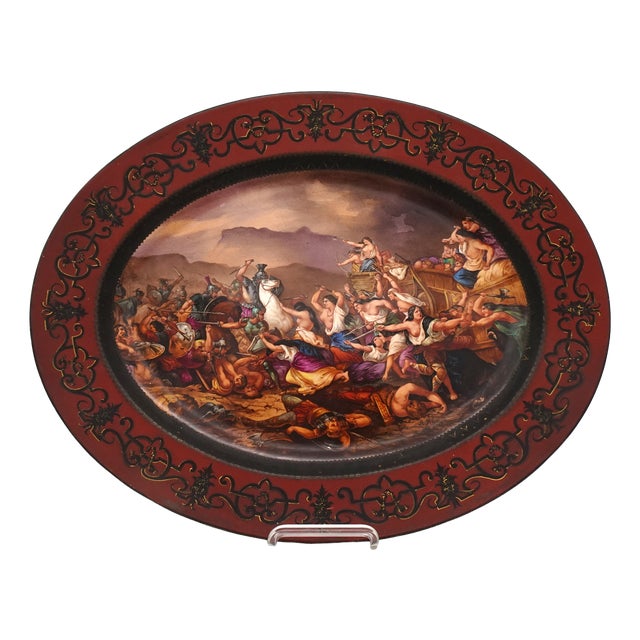 Large Hand-Painted Wall Charger Plate Depicting Roman Battle with Semi Nude Sabine Woman, 1866 For Sale