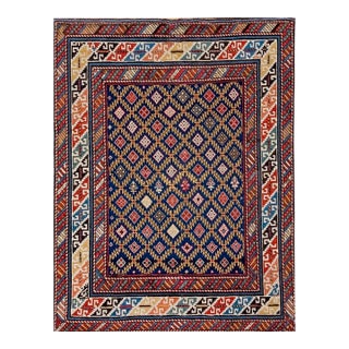 1890s Blue Navy Geometric Tribal Antique Caucasian Shirvan Rug ( 3'4" X 4'2" Handknotted Wool Carpet For Sale