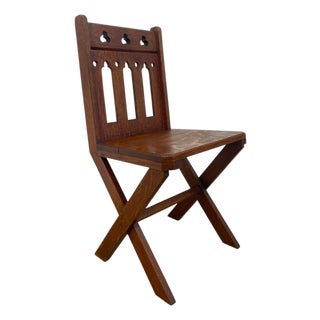 Antique Gothic Revival Oak X-Frame Accent Chair. For Sale