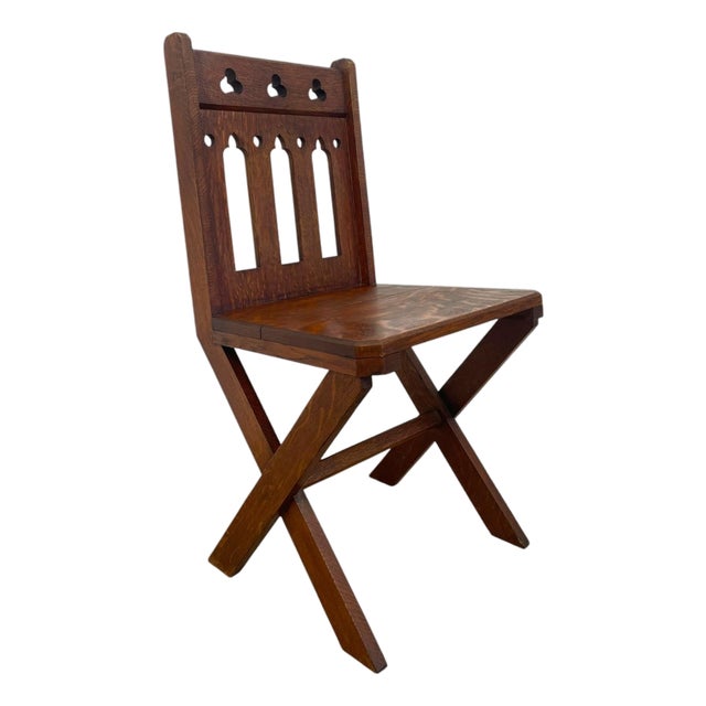 Antique Gothic Revival Oak X-Frame Accent Chair. For Sale
