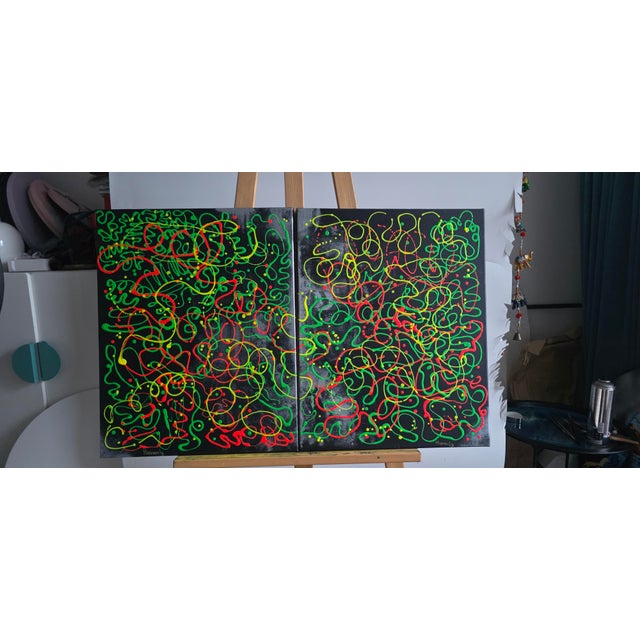 Oksana Babala Neon Diptych – Abstract Oil Painting on Canvas – 2‑in‑1 Set For Sale - Image 10 of 17