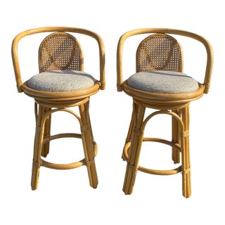 1980s Vintage Boho Coastal Cane Rattan Swivel Counter Stools - Set of 2 For Sale