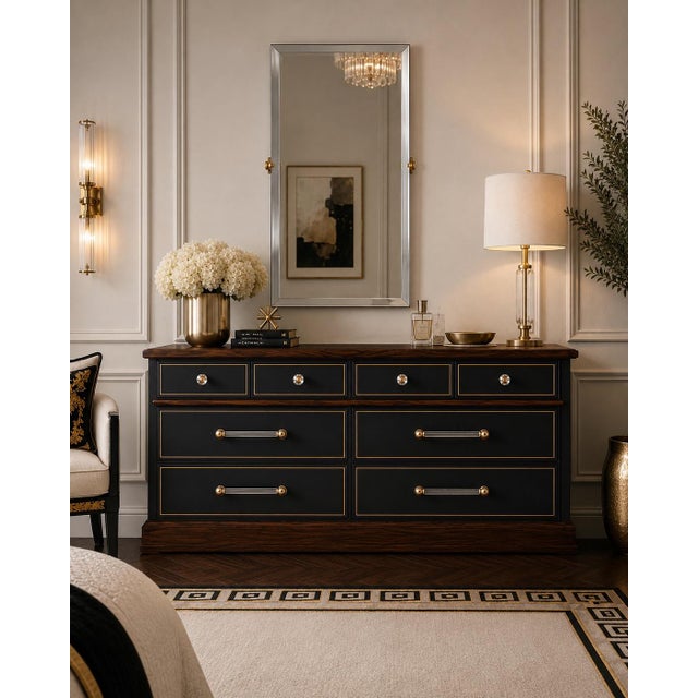 Art Deco Old Chapel Noire™ | Restored 1960s American Dresser in Onyx Black, Satin Walnut & Gilded Detail With Beveled Mirror For Sale - Image 3 of 5