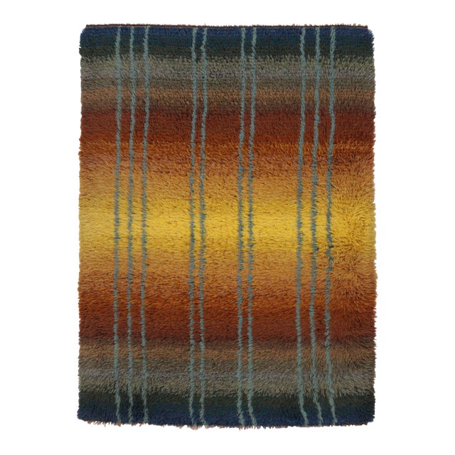Vintage Swedish Rya Rug With Golden Ombre and Blue Linear Geometry - Rug & Kilim For Sale