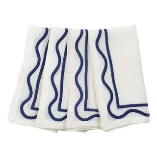 Colorblock Dark Blue Embroidered Linen Napkins, Set of 4 For Sale