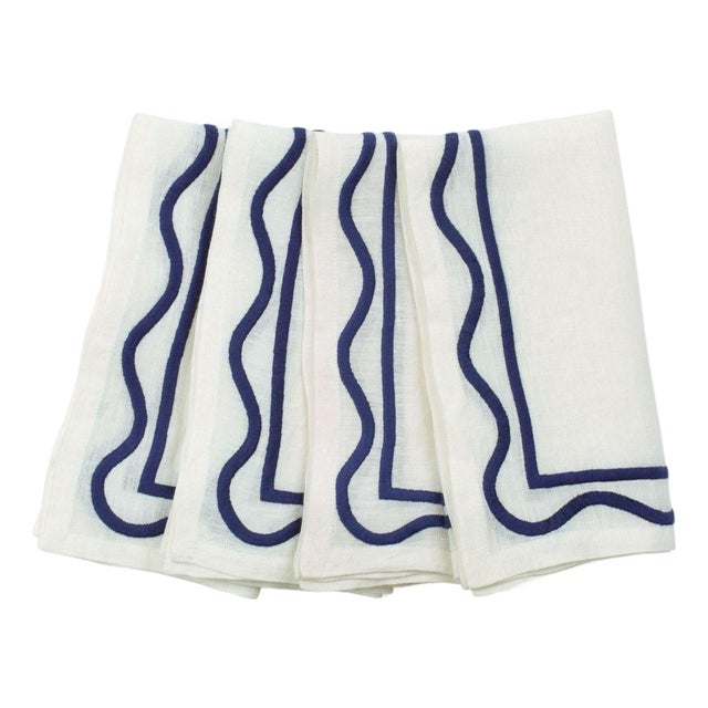 Colorblock Dark Blue Embroidered Linen Napkins, Set of 4 For Sale