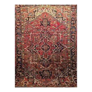 Vintage Heriz Rug, Hand-Knotted Wool, Geometric Medallion Pattern, Red & Navy, 9x12 For Sale