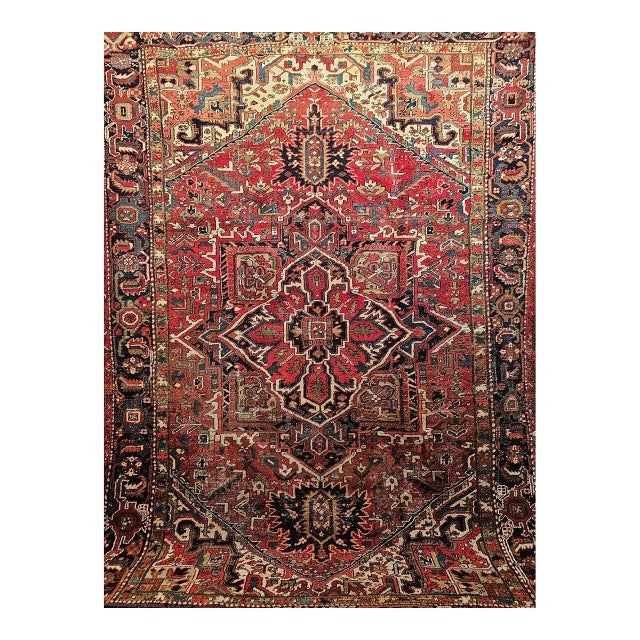 Vintage Persian Heriz Rug, Hand-Knotted Wool, Geometric Medallion Pattern, Red & Navy, 9x12 For Sale