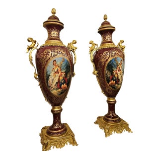 Burgundy Porcelain Vases Set of 2 – Classic French Style Décor For Sale