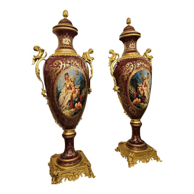 Burgundy Porcelain Vases Set of 2 – Classic French Style Décor For Sale
