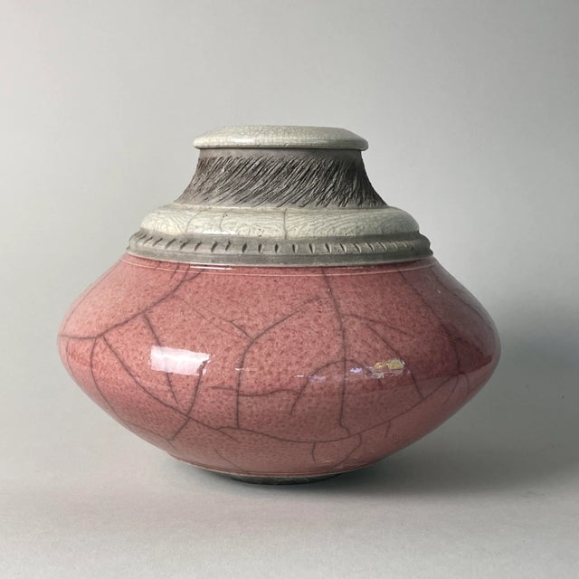 Vintage Pink Raku Fired Incised Ceramic Vessel, Signed (1993) For Sale - Image 9 of 9