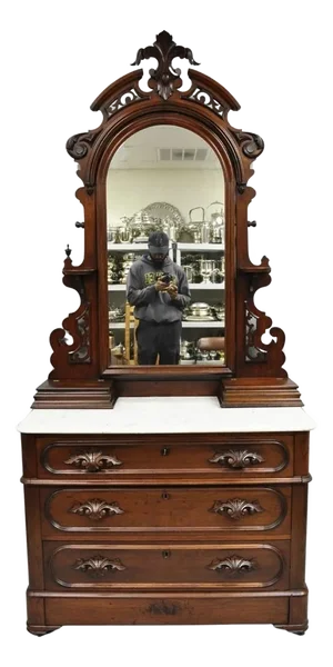 Antique Eastlake Victorian Carved Walnut Marble Washstand Dresser With Mirror