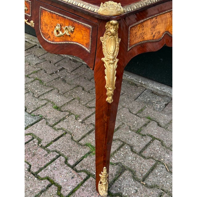 French C1890 French Louis XVI Brown Mahogany Bronze Writing Desk - 1 Pc For Sale - Image 3 of 17